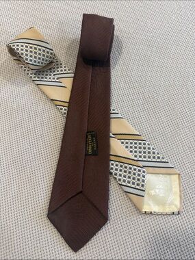 Corneliani Brown Silk Tie with Cream & Navy Patterned Accent